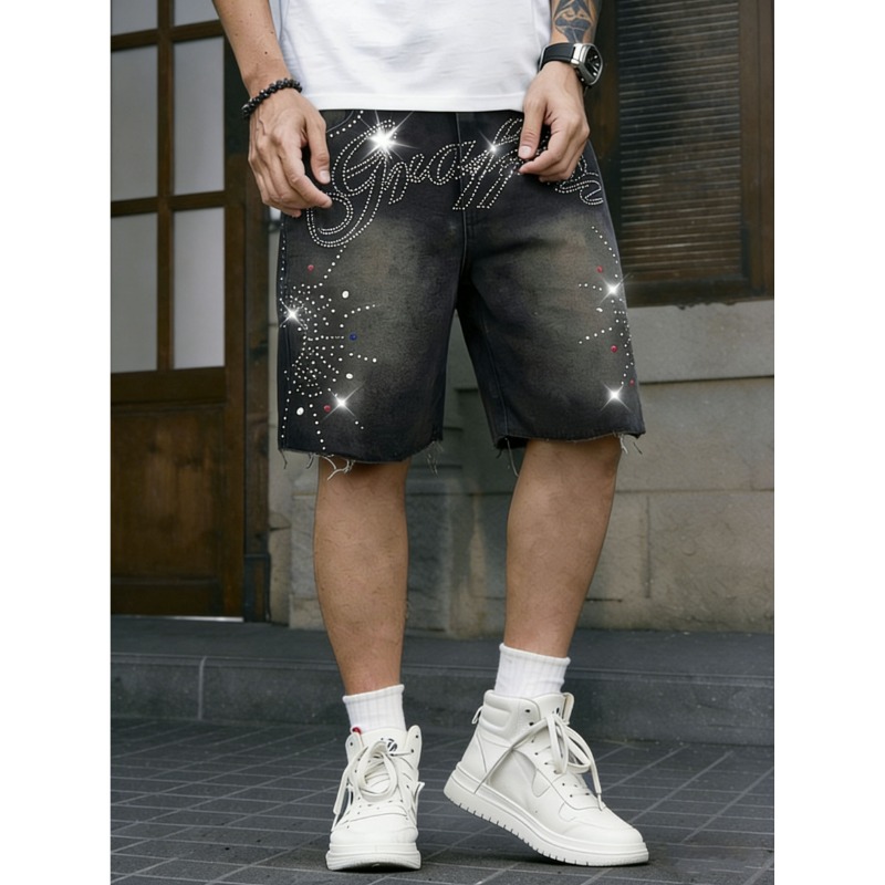 Shorts Denim Frayed - American Streetwear Men's Non-Stretch Denim Shorts