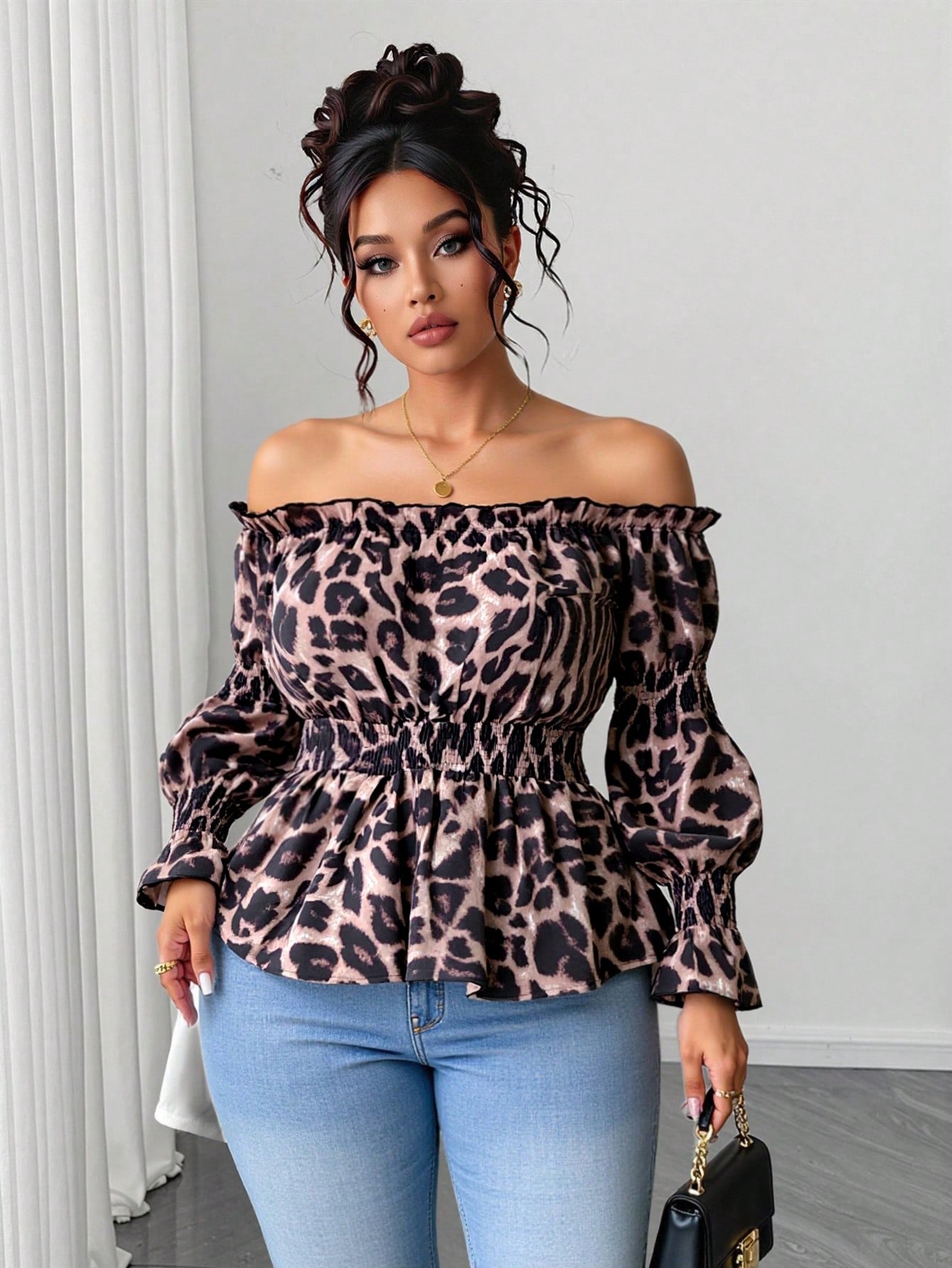 Plus Size Women Leopard Print  - огляд і ціна Blouse Off Shoulder