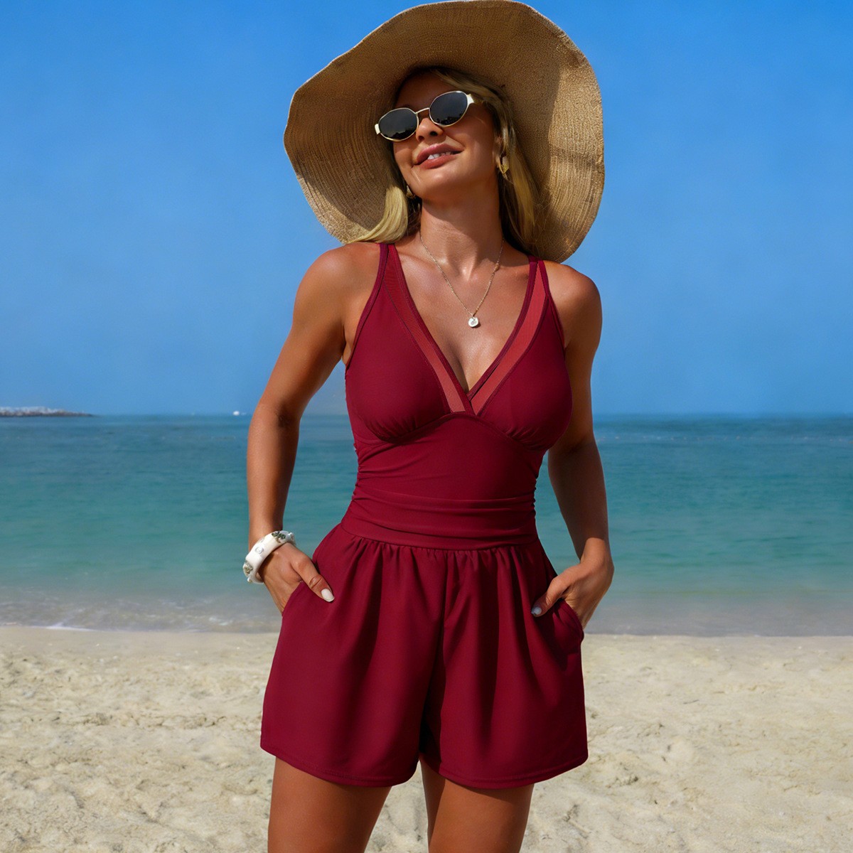 Black Solid Color Sleeveless V - огляд і ціна Swimsuit Bikini Ruched